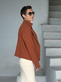 caraucci orange bamboo fleece unstructured blazer jacket #color_copper