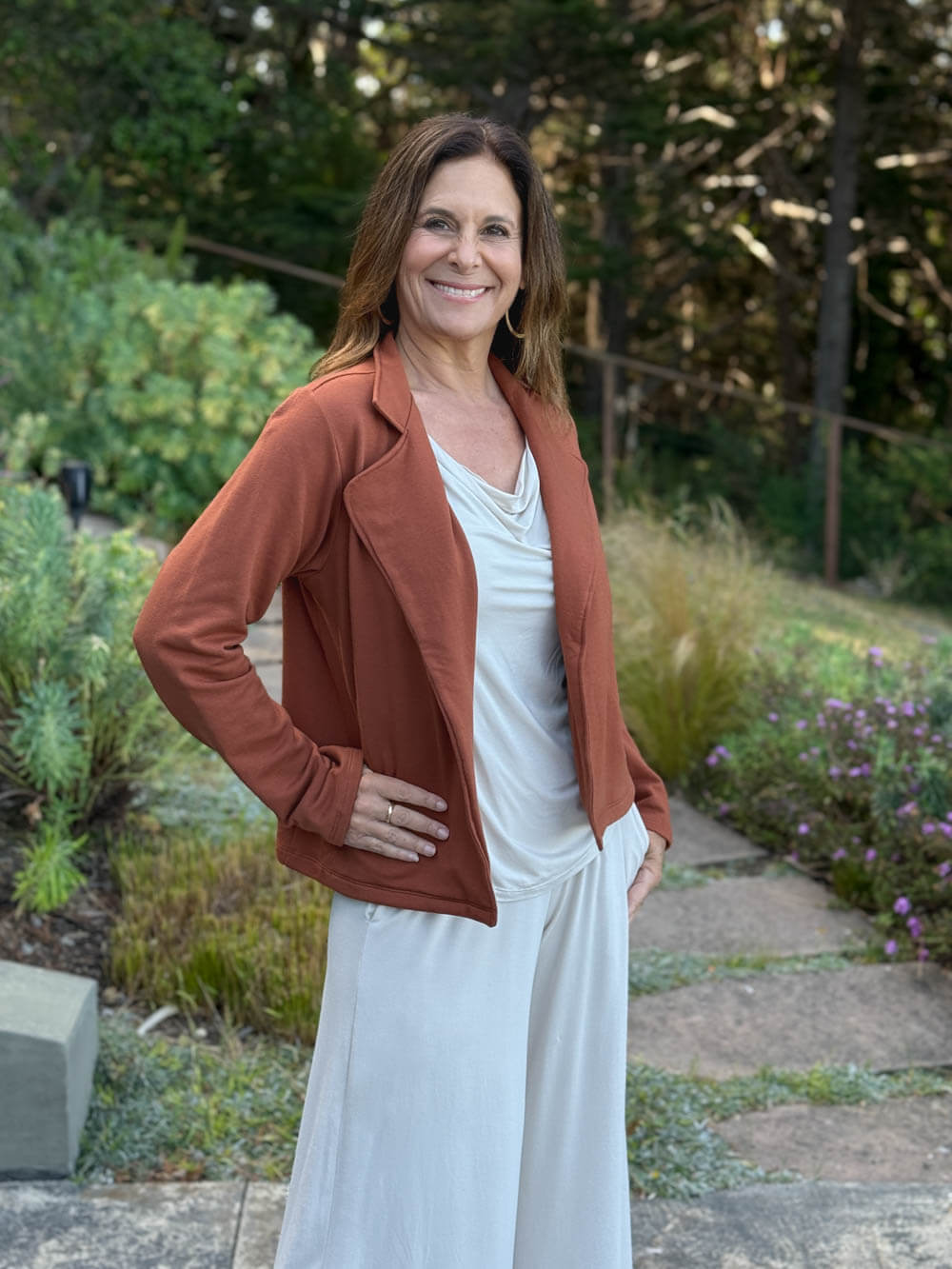 caraucci orange bamboo fleece unstructured blazer jacket #color_copper