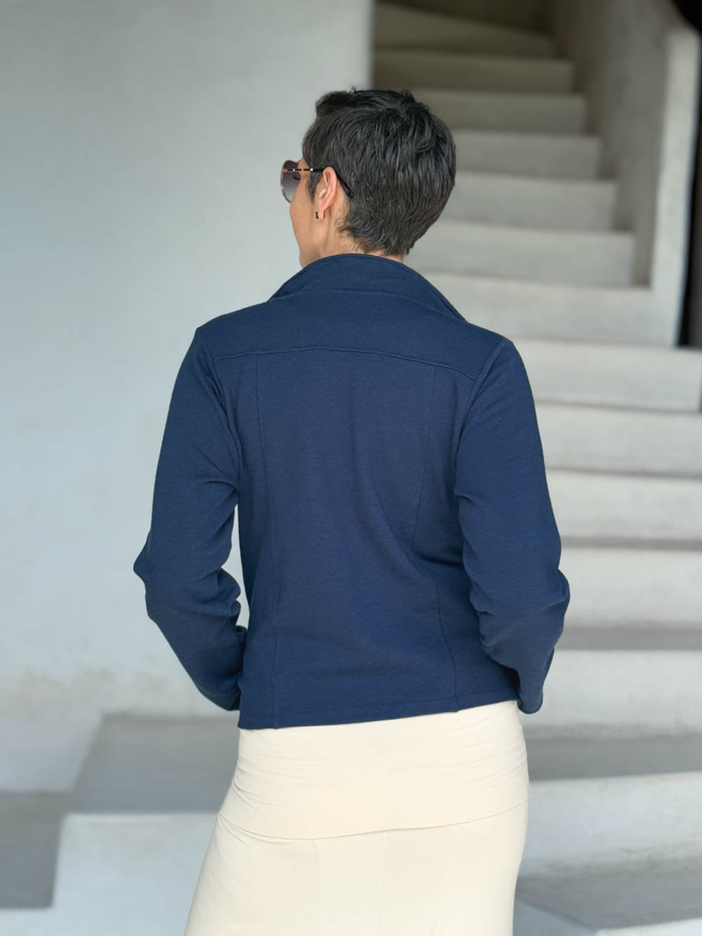 caraucci navy blue bamboo fleece unstructured blazer jacket #color_navy