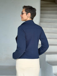 caraucci navy blue bamboo fleece unstructured blazer jacket #color_navy