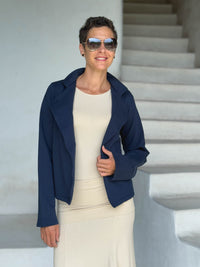 caraucci navy blue bamboo fleece unstructured blazer jacket #color_navy