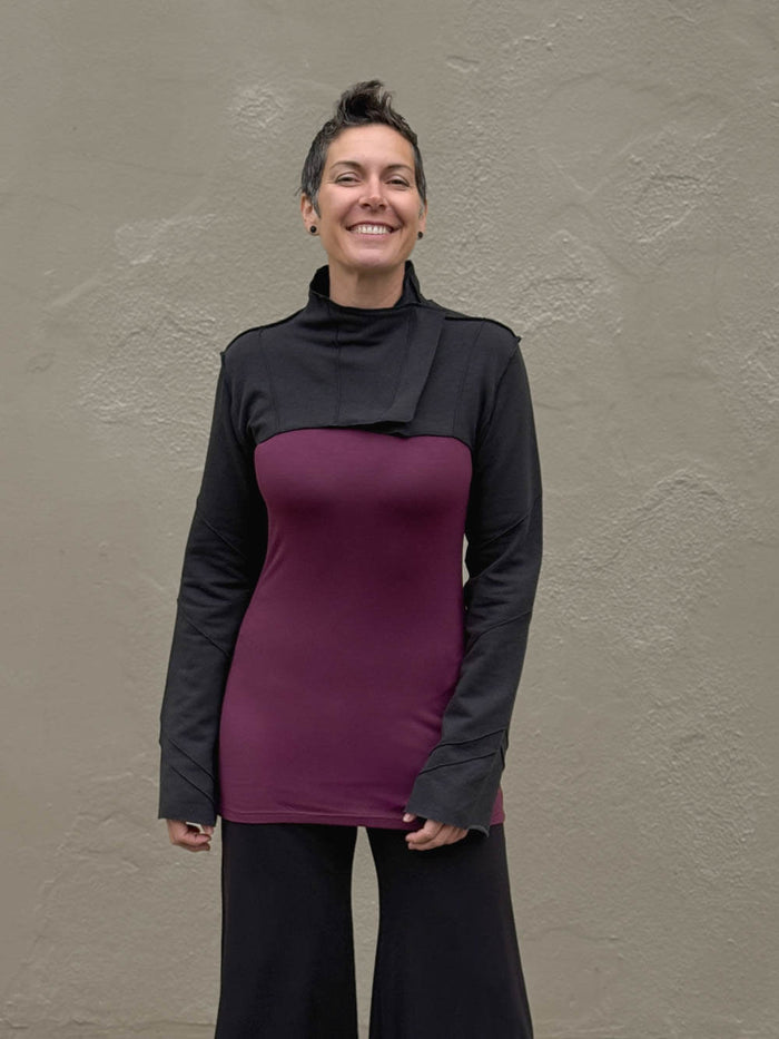 caraucci women's bamboo cotton fleece black bolero jacket with raised stitch detailing #color_black