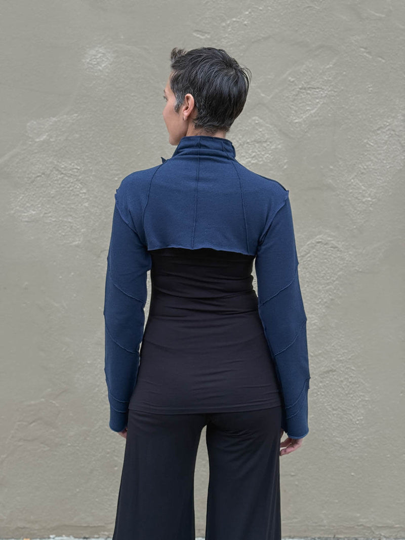 caraucci women's bamboo cotton fleece navy blue bolero jacket with raised stitch detailing #color_navy