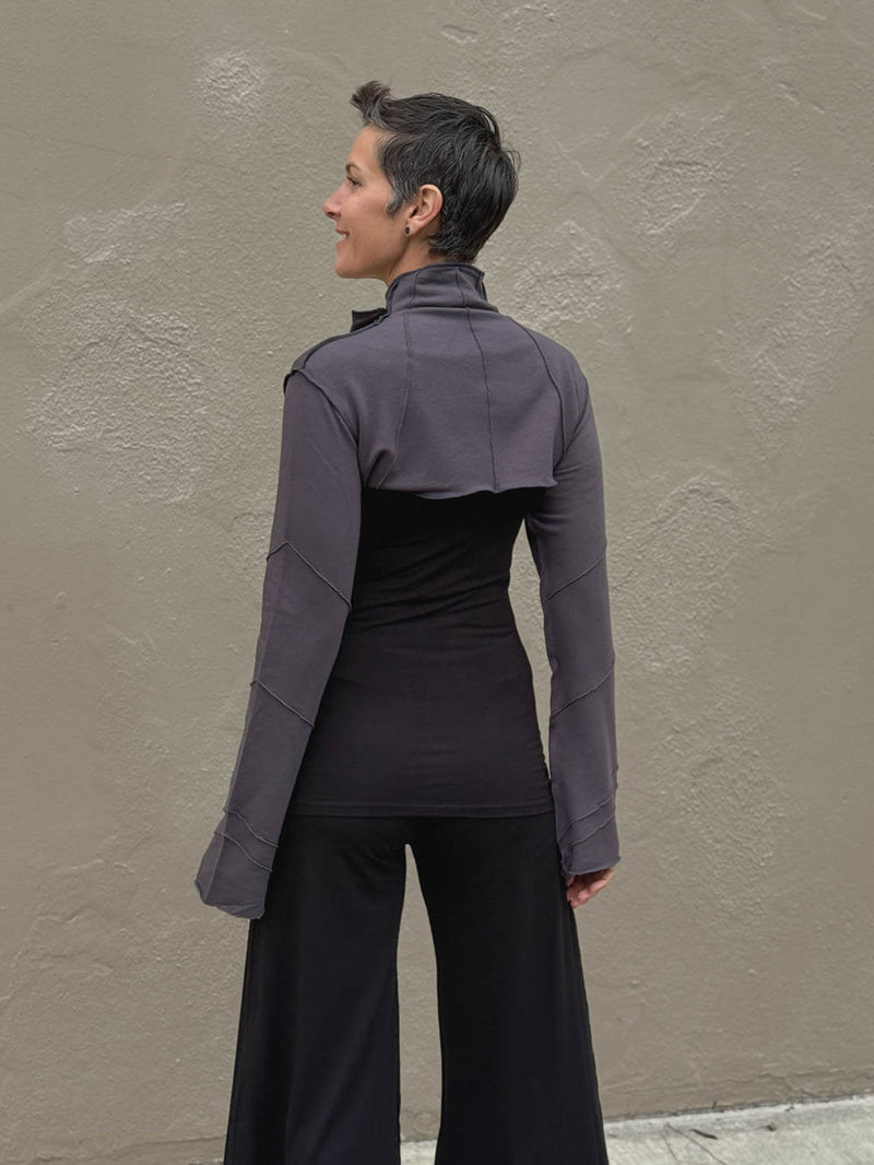 caraucci women's bamboo cotton fleece steel gray bolero jacket with raised stitch detailing #color_steel