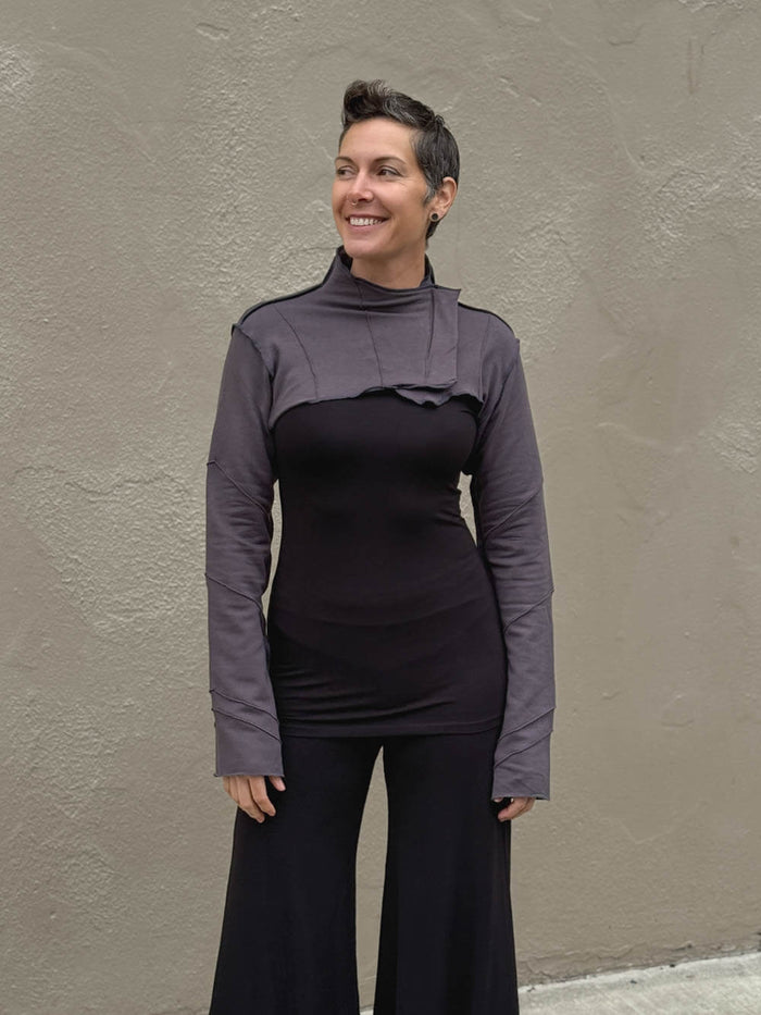 caraucci women's bamboo cotton fleece steel gray bolero jacket with raised stitch detailing #color_steel