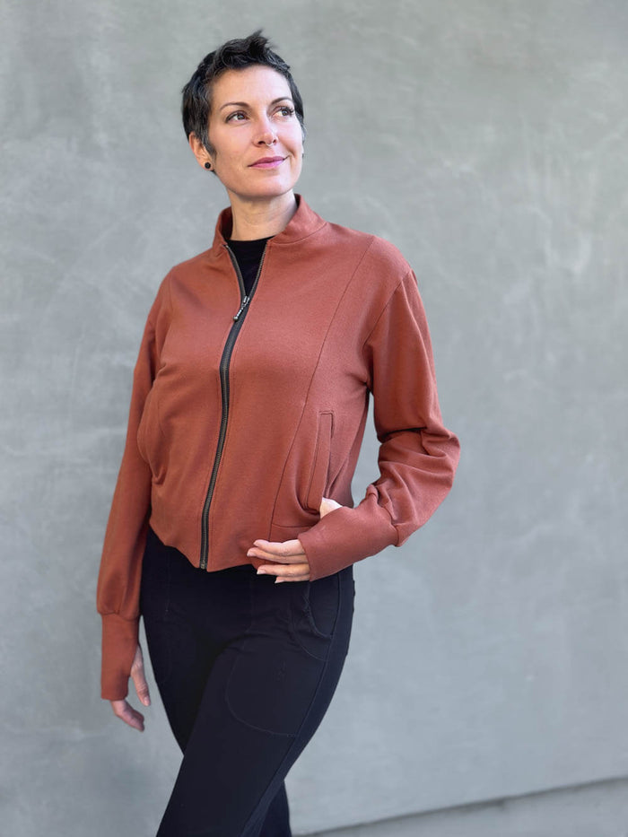 caraucci bamboo cotton fleece orange bomber jacket #color_copper