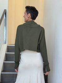caraucci bamboo cotton fleece forest green cropped cowl neck long sleeve shrug with thumbholes #color_forest