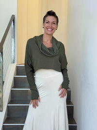 caraucci bamboo cotton fleece forest green cropped cowl neck long sleeve shrug with thumbholes #color_forest