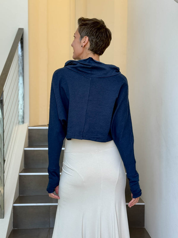 caraucci bamboo cotton fleece navy blue cropped cowl neck long sleeve shrug with thumbholes #color_navy