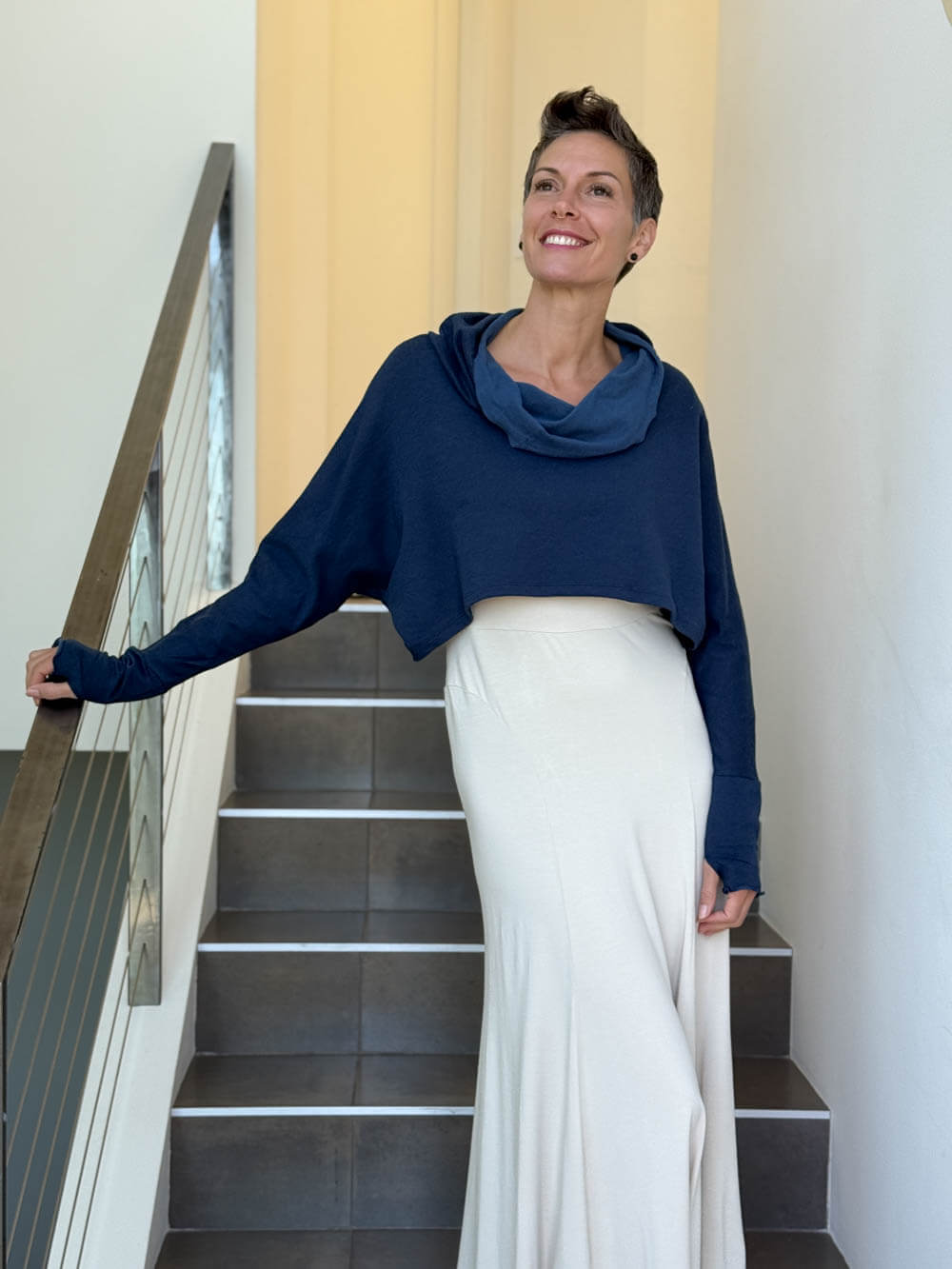 caraucci bamboo cotton fleece navy blue cropped cowl neck long sleeve shrug with thumbholes #color_navy
