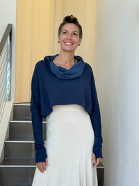 caraucci bamboo cotton fleece navy blue cropped cowl neck long sleeve shrug with thumbholes #color_navy