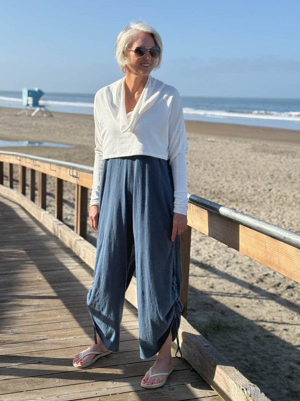 caraucci blue cotton one-piece wide leg jumper with adjustable ruching #color_pacific