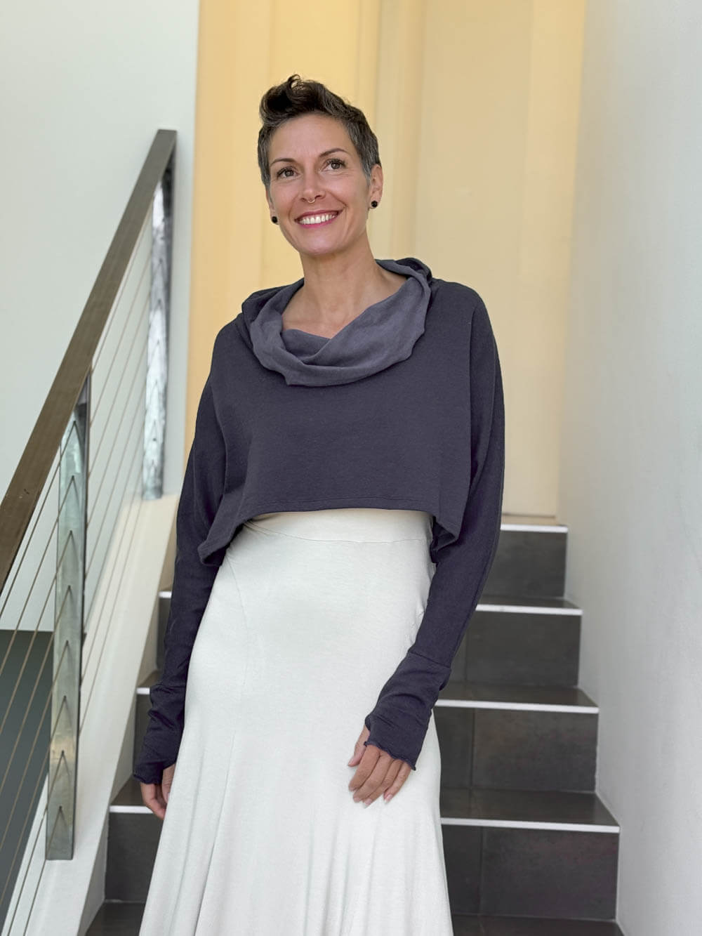 caraucci bamboo cotton fleece steel grey cropped cowl neck long sleeve shrug with thumbholes #color_steel