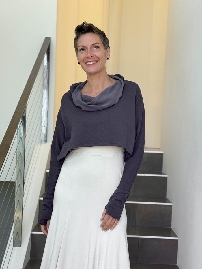 caraucci bamboo cotton fleece steel grey cropped cowl neck long sleeve shrug with thumbholes #color_steel
