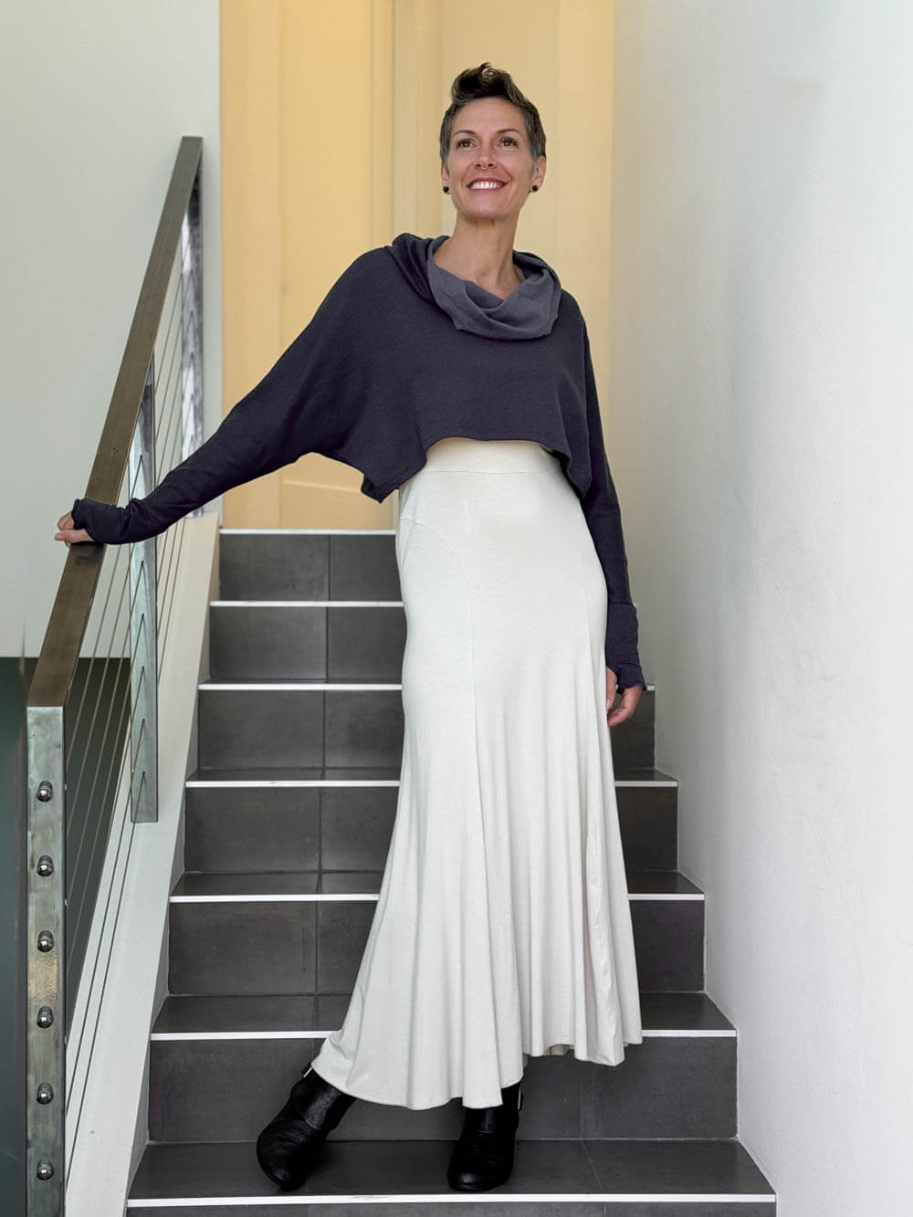 caraucci bamboo cotton fleece steel grey cropped cowl neck long sleeve shrug with thumbholes #color_steel