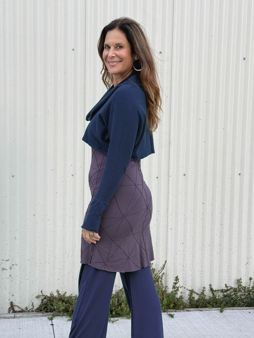 caraucci women's bamboo cotton fleece navy blue dolman cowl shrug with thumbholes #color_navy