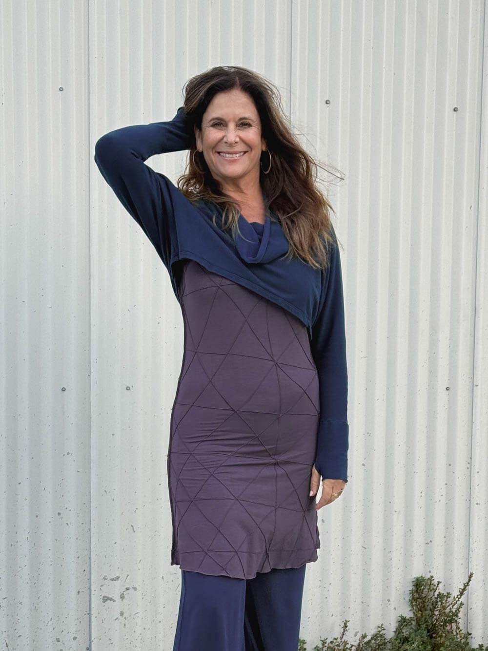 caraucci women's bamboo cotton fleece navy blue dolman cowl shrug with thumbholes #color_navy