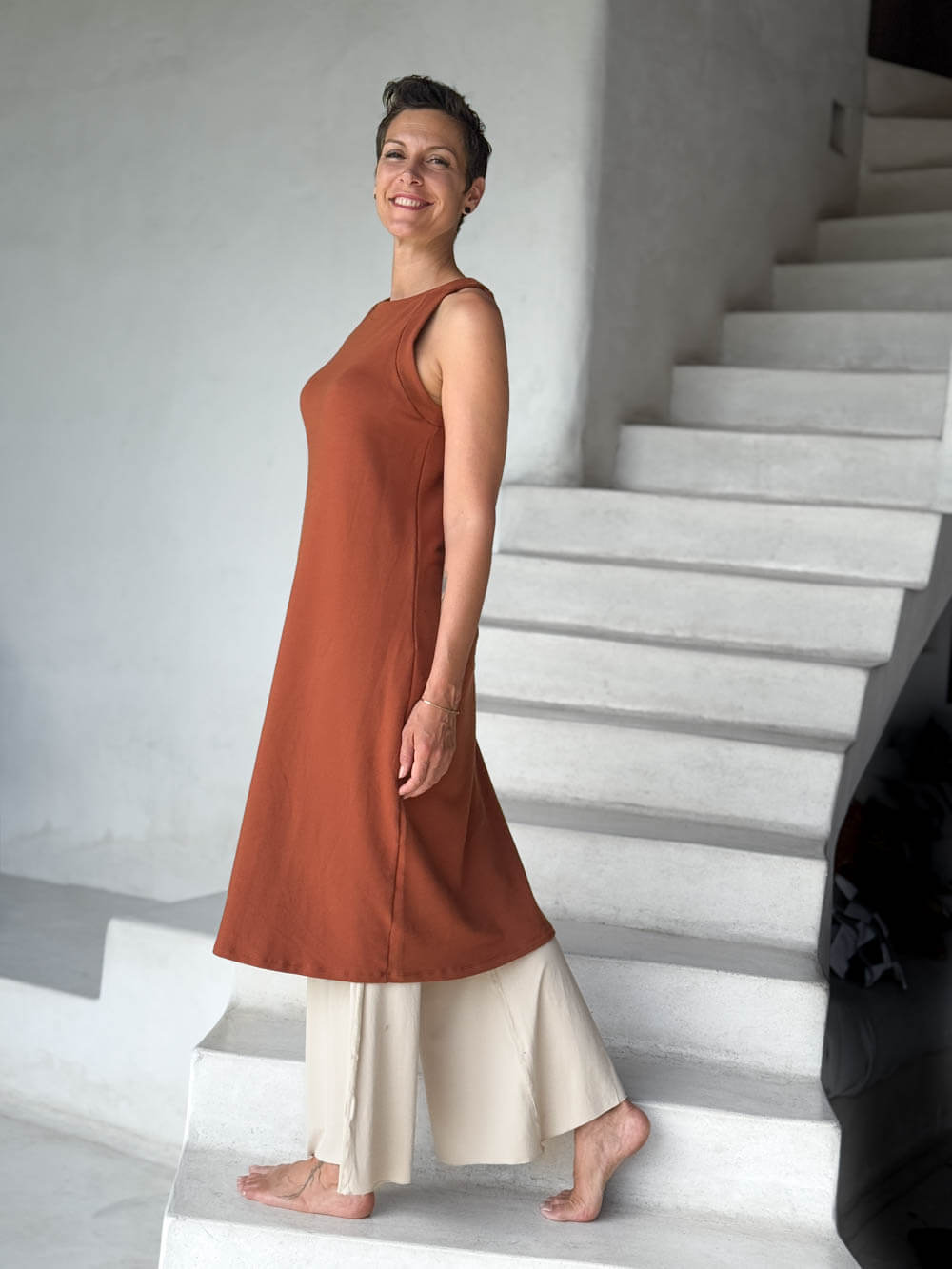 caraucci bamboo fleece orange sleeveless tunic dress #color_copper