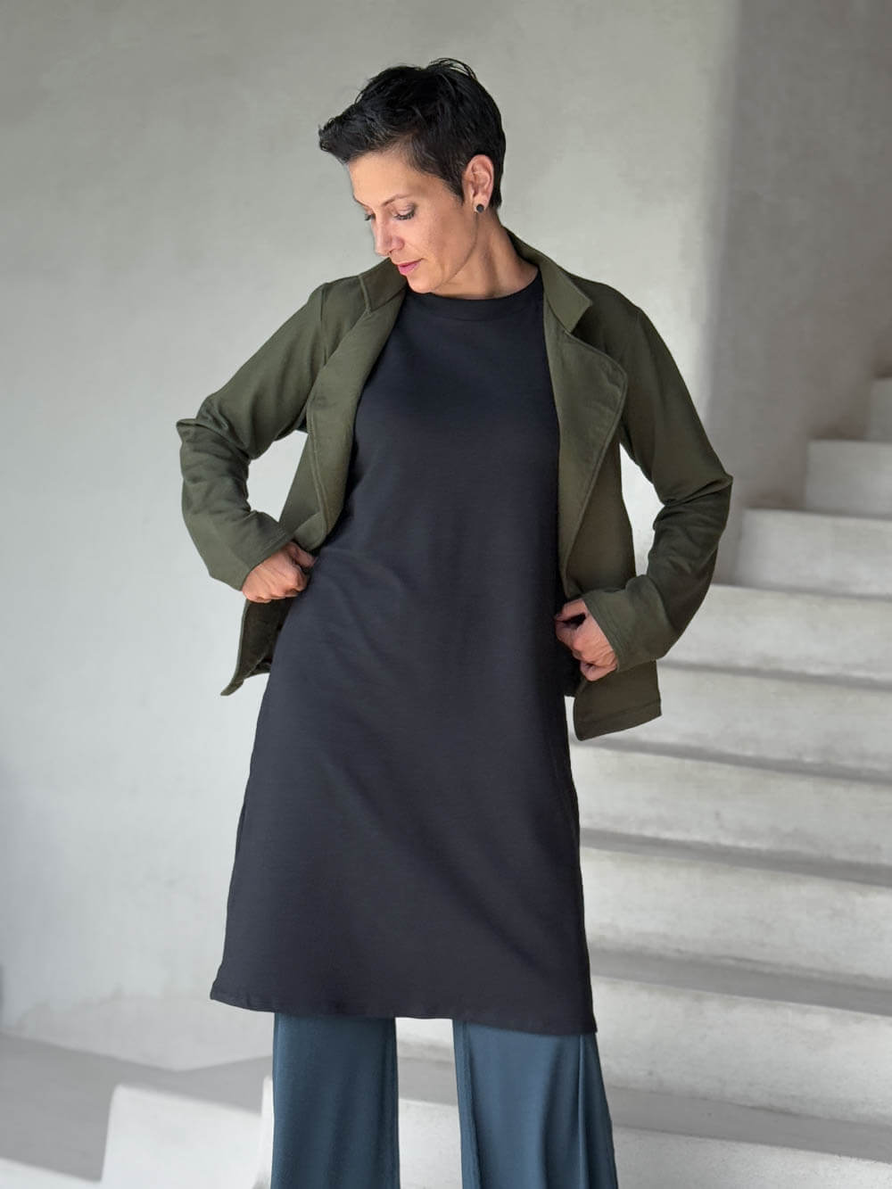 caraucci bamboo fleece black sleeveless tunic dress #color_black