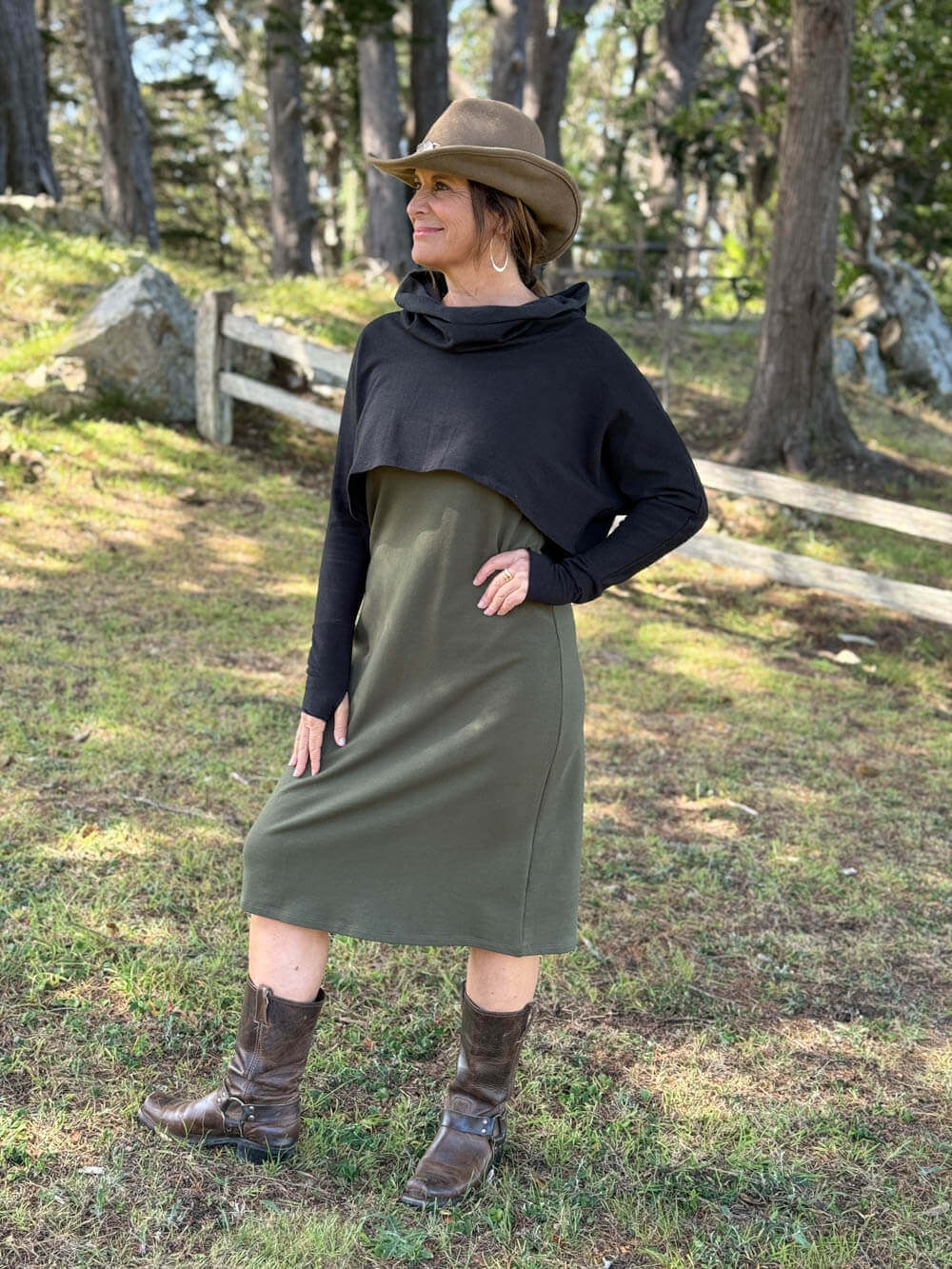 caraucci bamboo fleece forest green sleeveless tunic dress with black cropped cowl shrug #color_forest