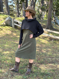 caraucci bamboo fleece forest green sleeveless tunic dress with black cropped cowl shrug #color_forest