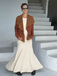 caraucci orange bamboo fleece jacket, shown open with a draped shawl color with thumbholes and pockets #color_copper