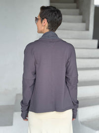 caraucci steel gray bamboo fleece jacket, shown open from the back with a draped shawl color with thumbholes and pockets #color_steel