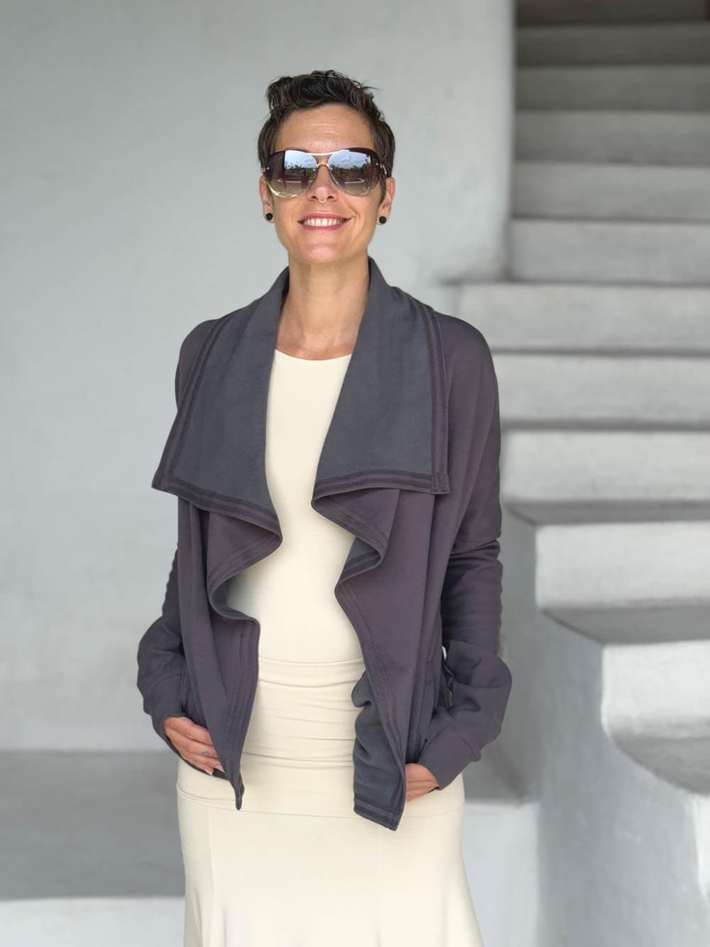 caraucci steel gray bamboo fleece jacket, shown open with a draped shawl color with thumbholes and pockets #color_steel