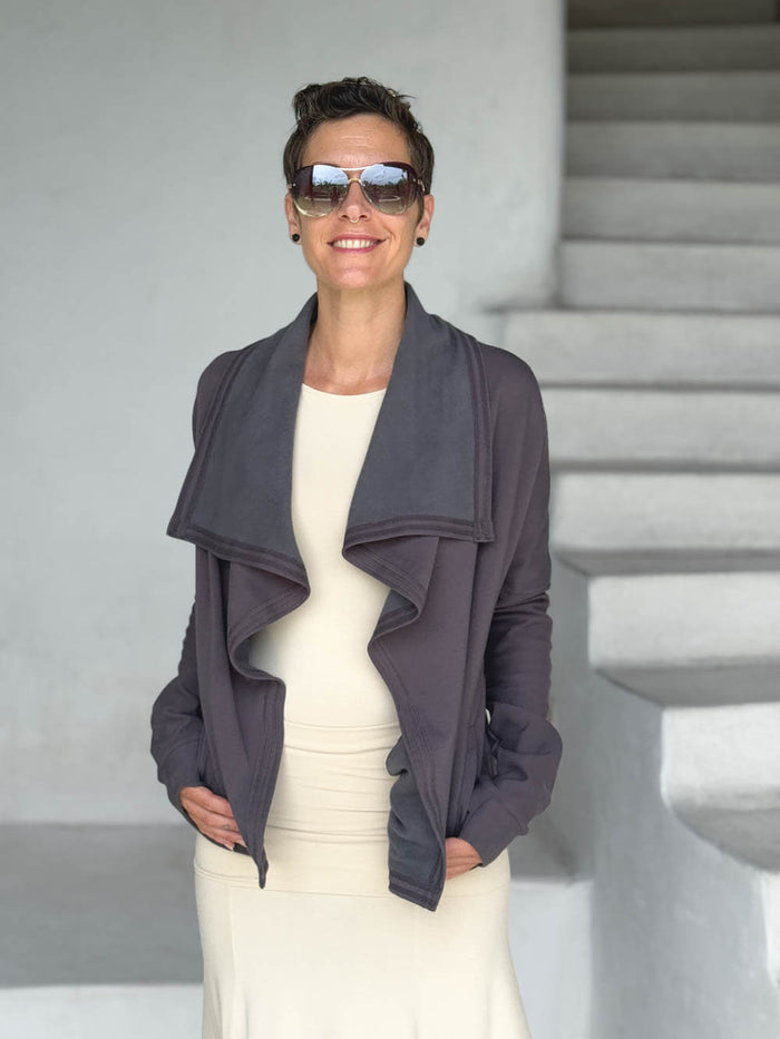 caraucci steel gray bamboo fleece jacket, shown open with a draped shawl color with thumbholes and pockets #color_steel