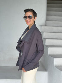 caraucci steel gray bamboo fleece jacket, shown open with a draped shawl color with thumbholes and pockets #color_steel