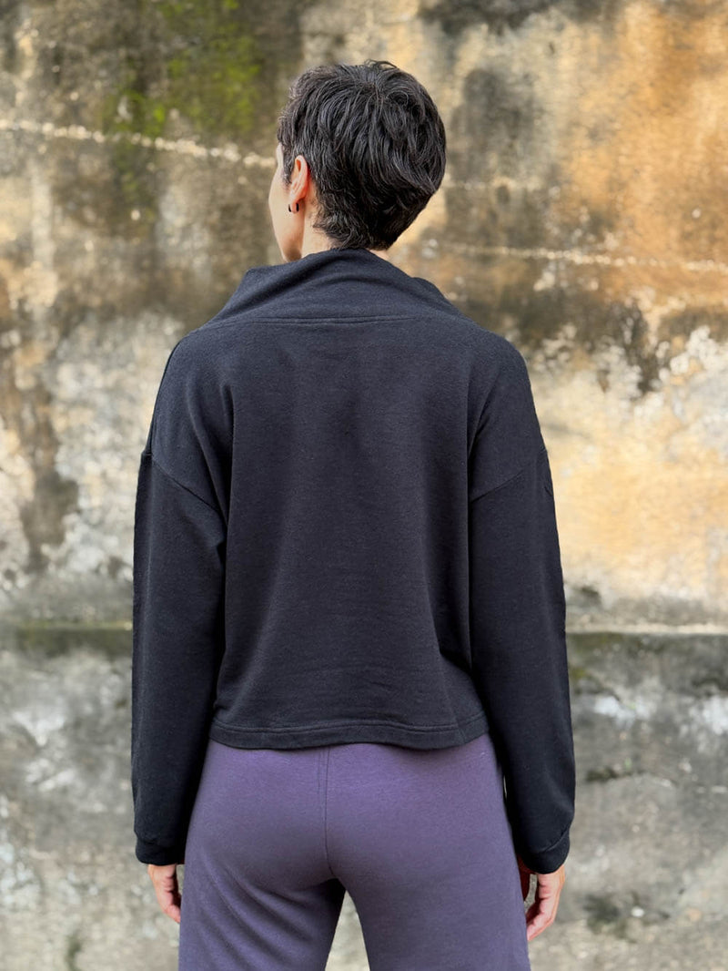 caraucci black bamboo cotton fleece eco-pullover sweatshirt with shawl collar #color_black