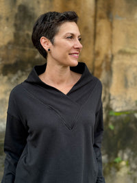 caraucci black bamboo cotton fleece eco-pullover sweatshirt with shawl collar #color_black