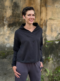caraucci black bamboo cotton fleece eco-pullover sweatshirt with shawl collar #color_black