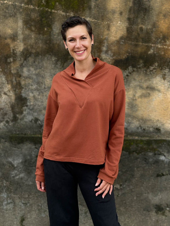 caraucci orange bamboo cotton fleece eco-pullover sweatshirt with shawl collar #color_copper