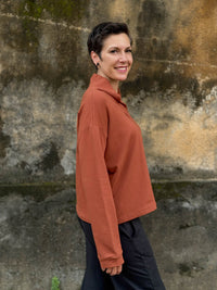 caraucci orange bamboo cotton fleece eco-pullover sweatshirt with shawl collar #color_copper