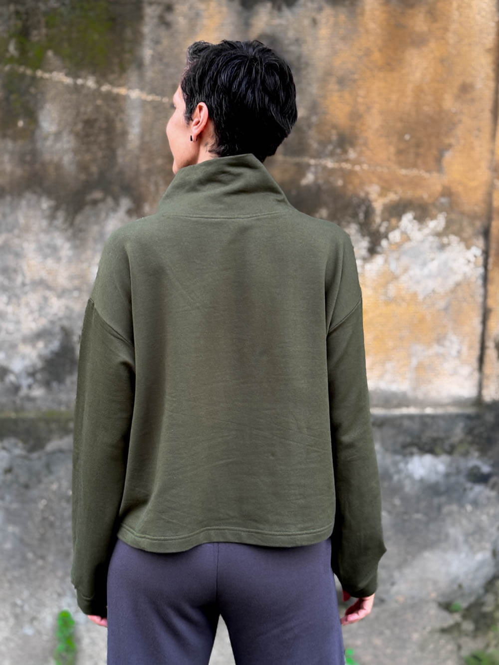 caraucci forest green bamboo cotton fleece eco-pullover sweatshirt with shawl collar #color_forest
