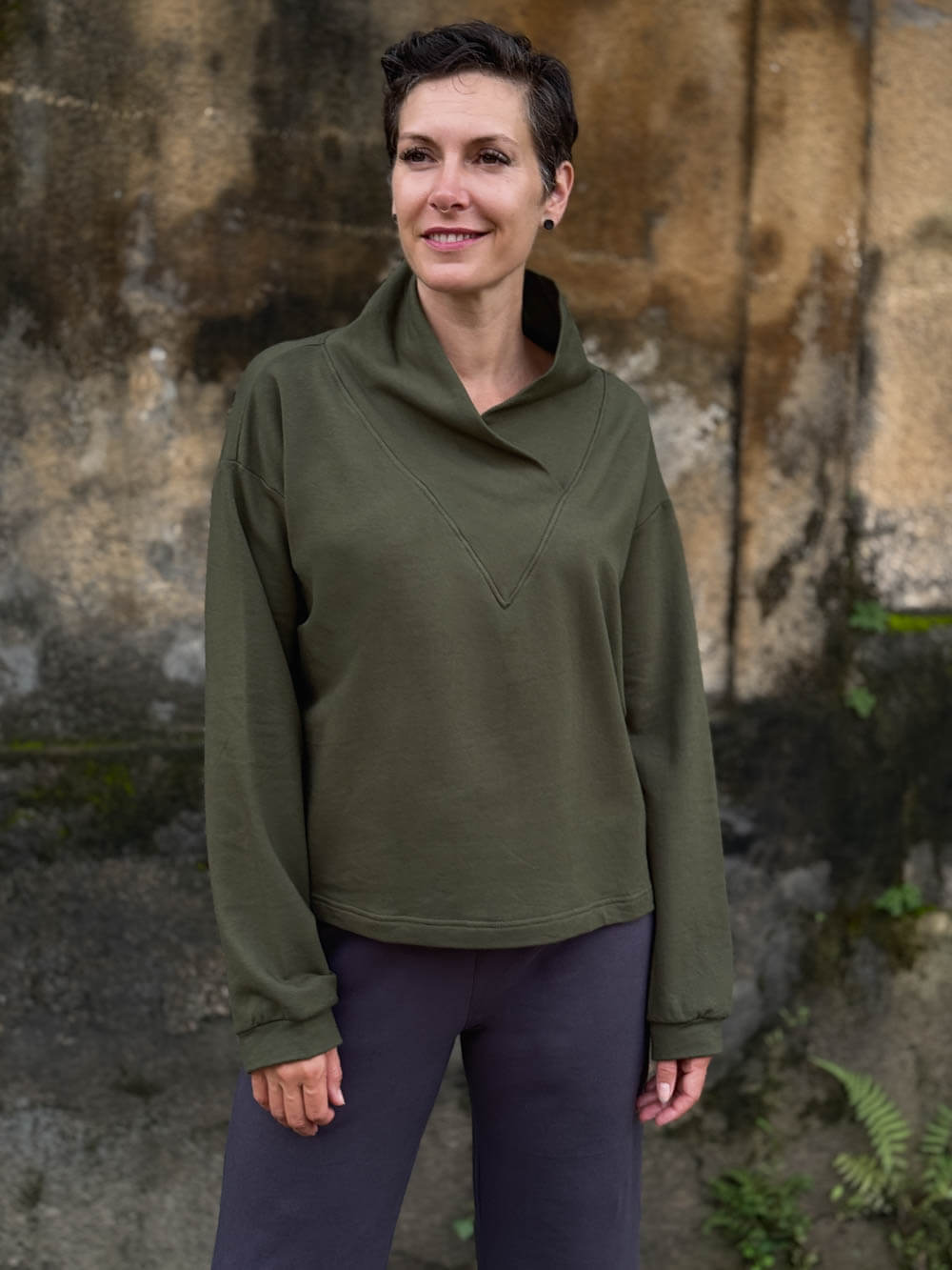 caraucci forest green bamboo cotton fleece eco-pullover sweatshirt with shawl collar #color_forest