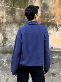 caraucci navy blue bamboo cotton fleece eco-pullover sweatshirt with shawl collar #color_navy
