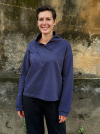 caraucci navy blue bamboo cotton fleece eco-pullover sweatshirt with shawl collar #color_navy