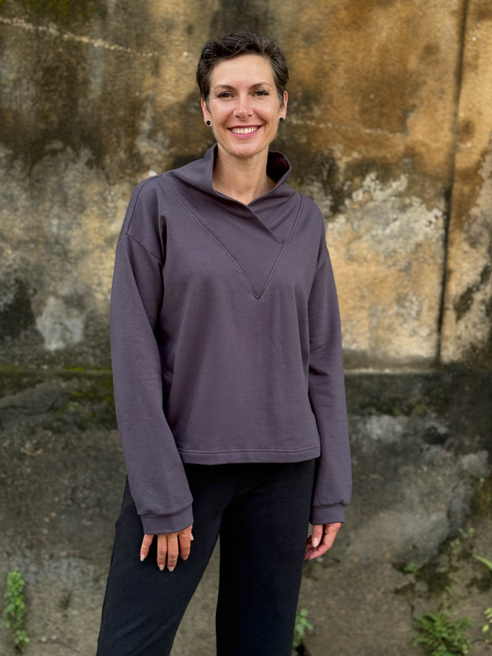 caraucci steel grey bamboo cotton fleece eco-pullover sweatshirt with shawl collar #color_steel