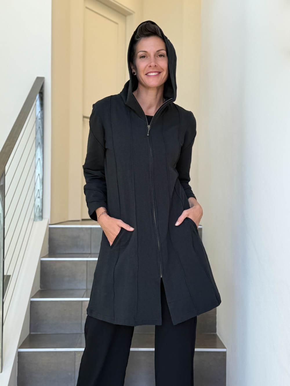 caraucci black bamboo fleece hooded jackets with pocket #color_black