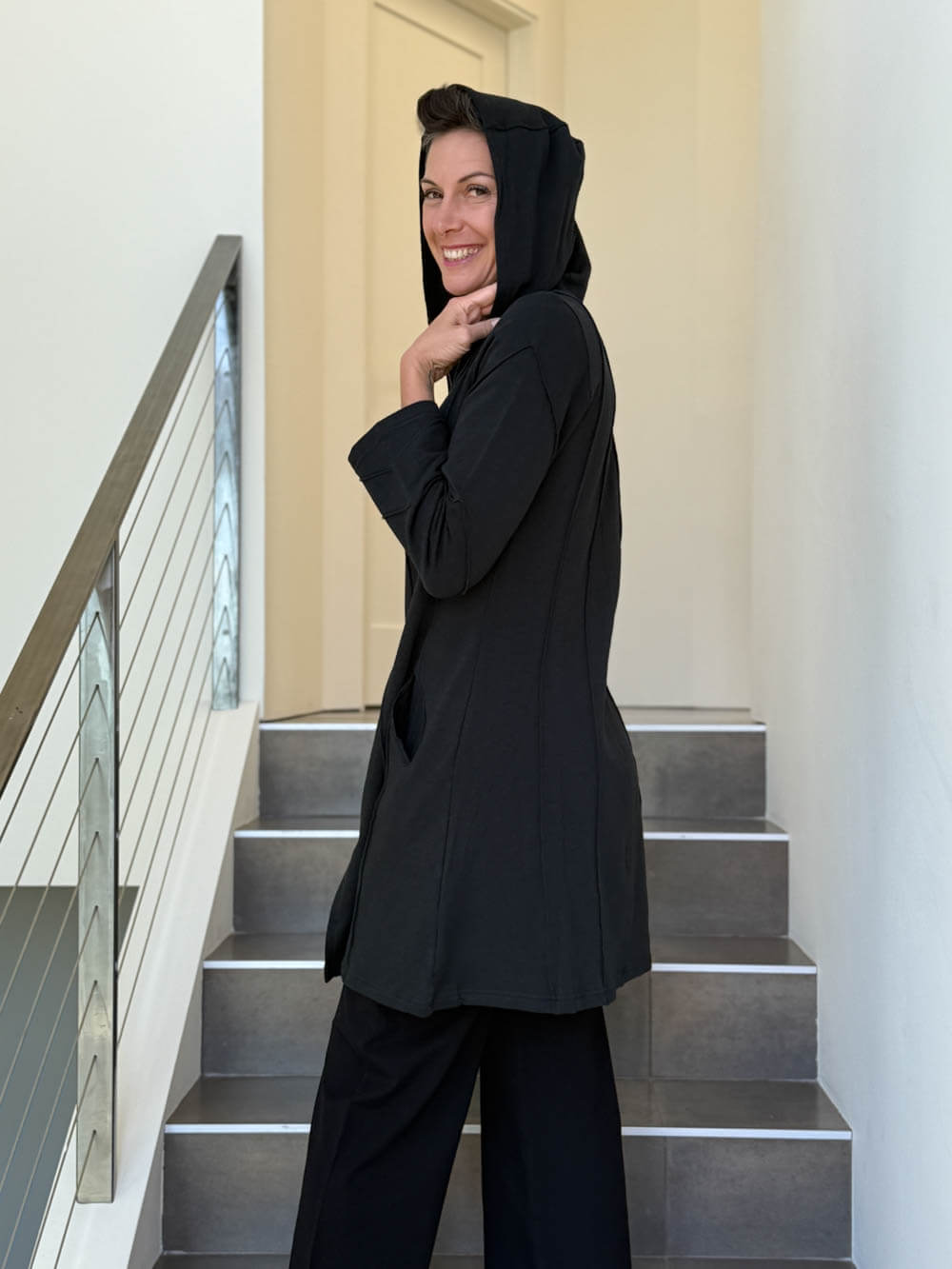Bamboo Cotton Fleece Hooded Midi Jacket | Women's Bamboo Outerwear