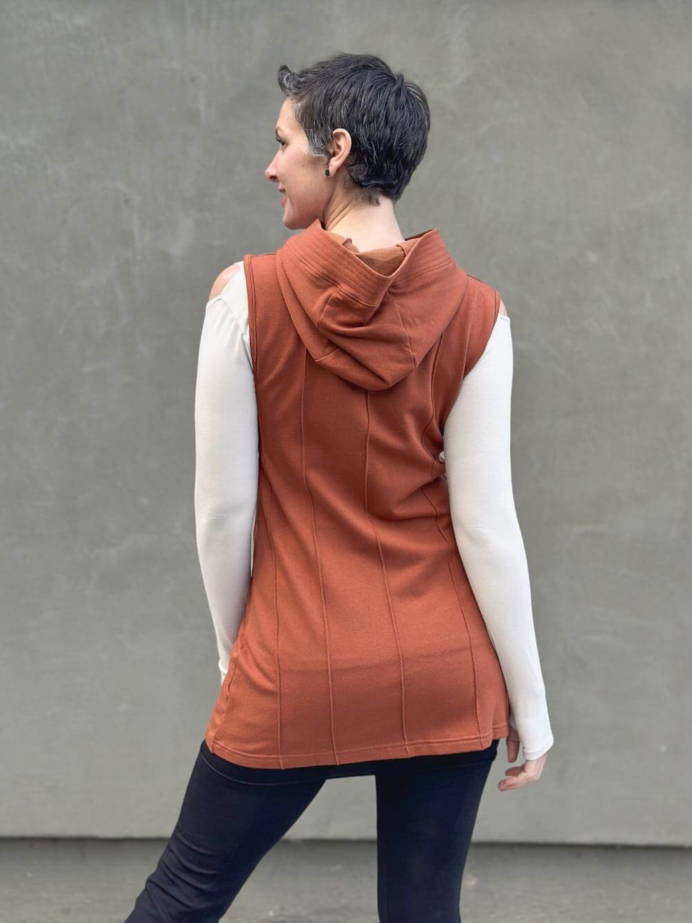 caraucci orange bamboo fleece hooded zipper vest with pockets #color_copper