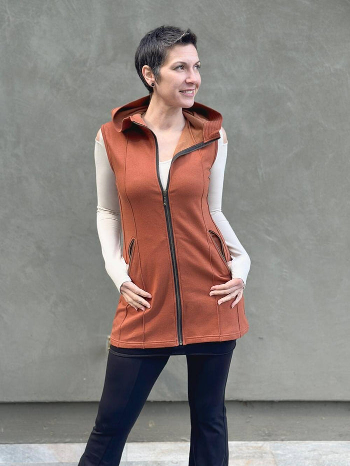 caraucci orange bamboo fleece hooded zipper vest with pockets #color_copper