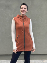 caraucci orange bamboo fleece hooded zipper vest with pockets #color_copper