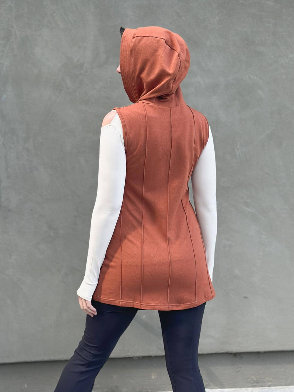 caraucci orange bamboo fleece hooded zipper vest with pockets #color_copper