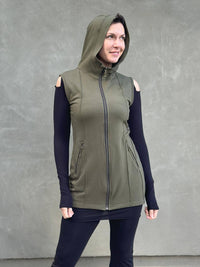 caraucci army green bamboo fleece hooded zipper vest with pockets #color_forest