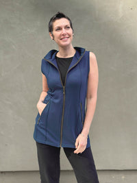 caraucci navy blue bamboo fleece hooded zipper vest with pockets #color_navy