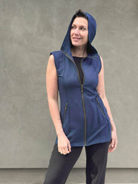 caraucci navy blue bamboo fleece hooded zipper vest with pockets #color_navy
