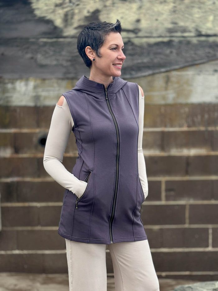 caraucci steel gray bamboo fleece hooded zipper vest with pockets #color_steel